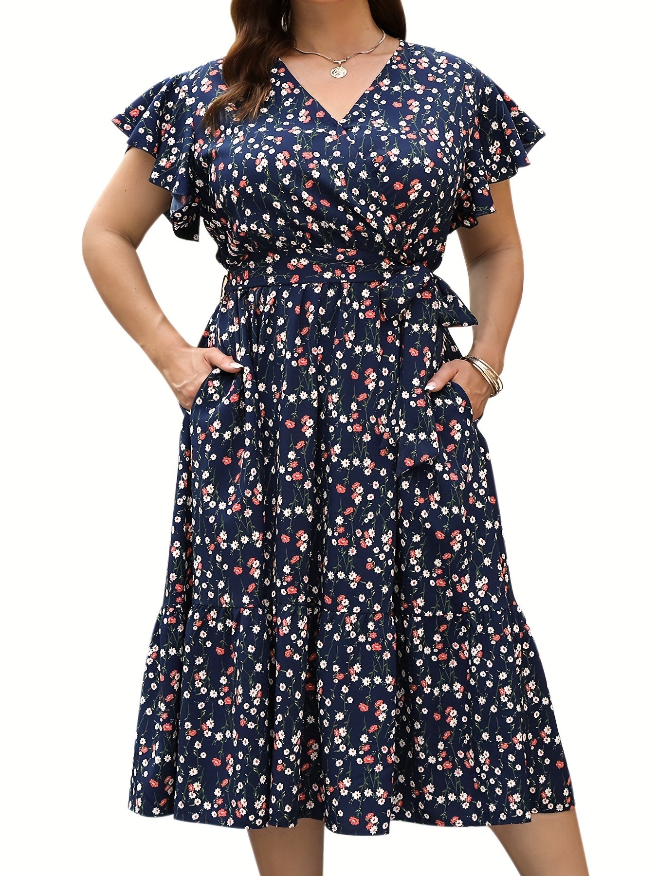 Dot Print Ruffle Sleeve V Neck Dress With Pockets