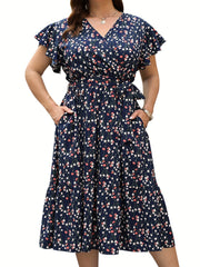 Dot Print Ruffle Sleeve V Neck Dress With Pockets