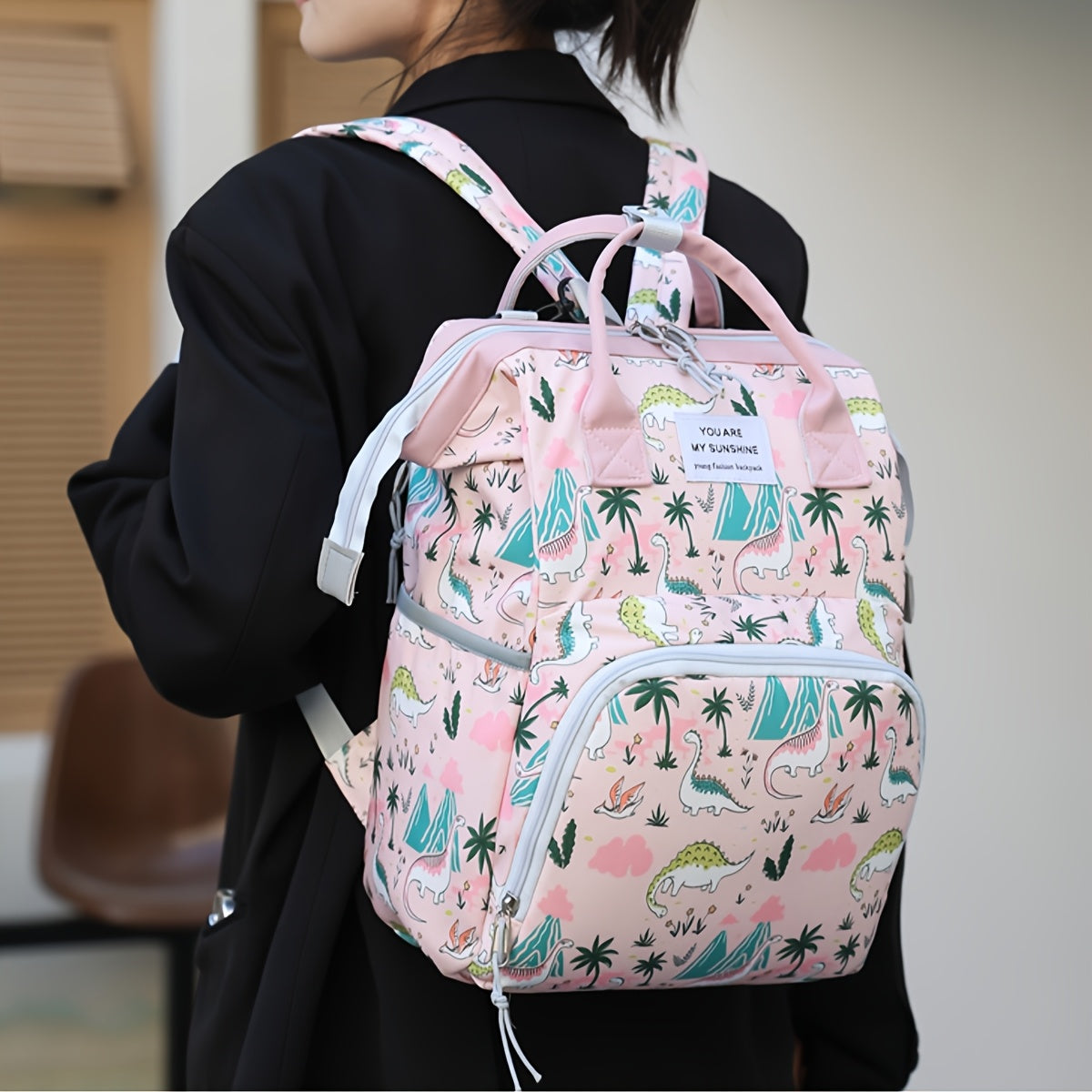 Spacious Pink/Gray Diaper Backpack with Pockets