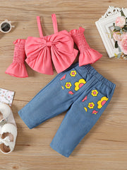 2pcs Baby Girls Suspender Outfit Set with Ruffle Bow Decor and Denim Pants