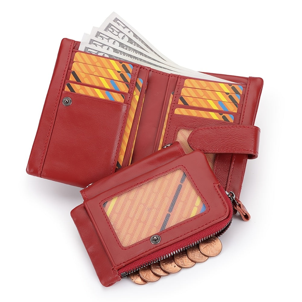 HUMERPAUL Women's Red Leather Clutch Bi-Fold Snap Closure Lanyard