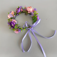 Bohemian Floral Wreath Headband with Purple & Pink Flowers Ribbon Bow
