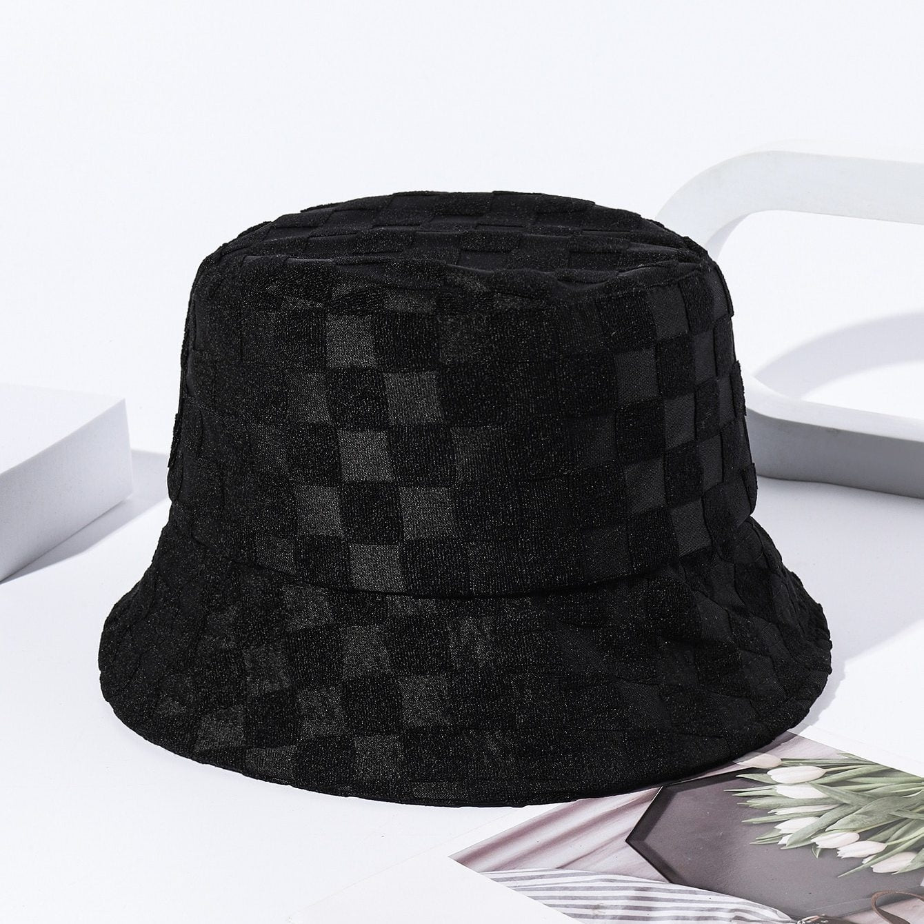 Plaid Embossed Bucket Hat Solid Basin Hat Unisex Fisherman Cap