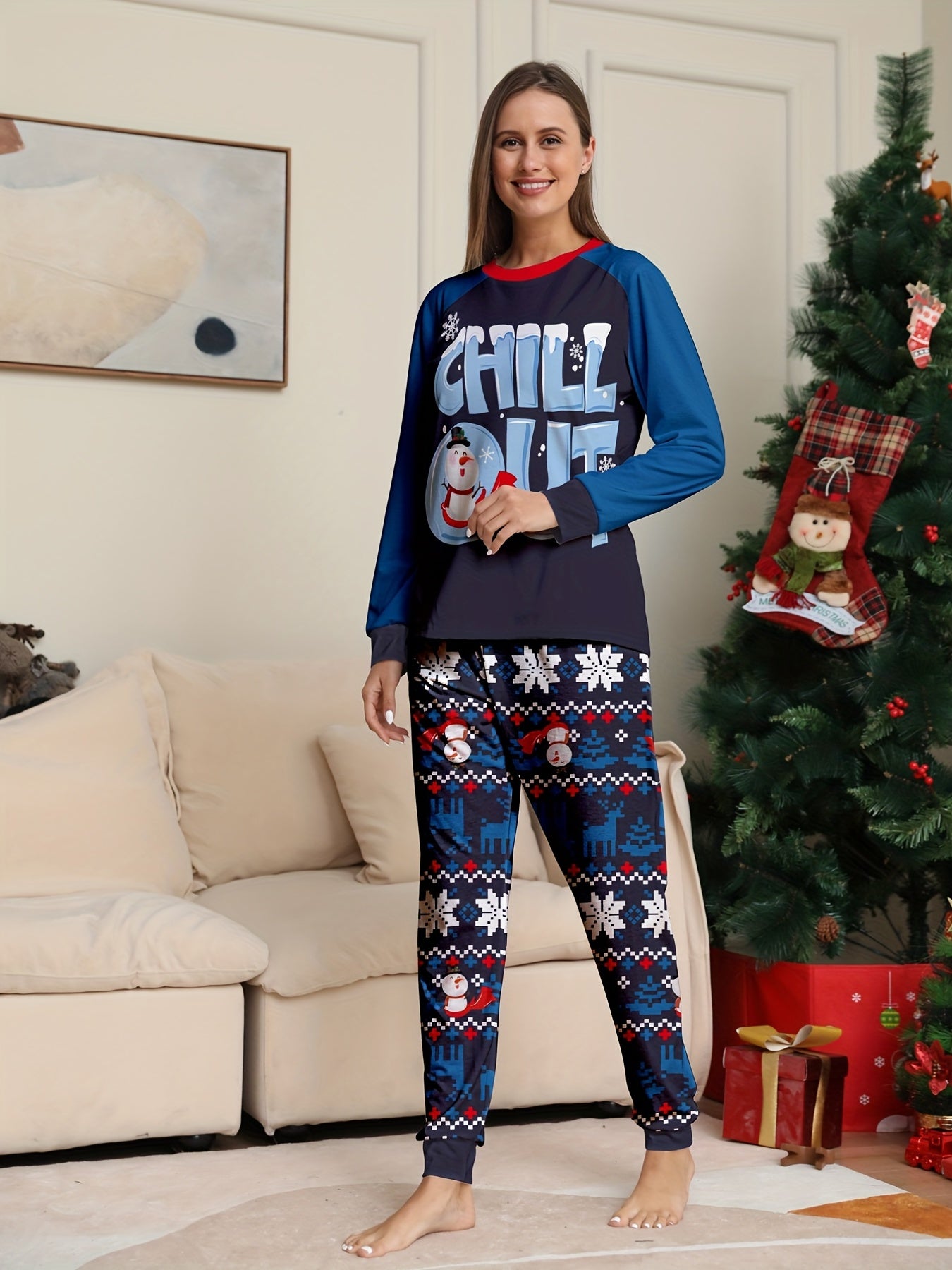 Christmas Print Pajama Set Long Sleeve Top & Pants Women's Sleepwear