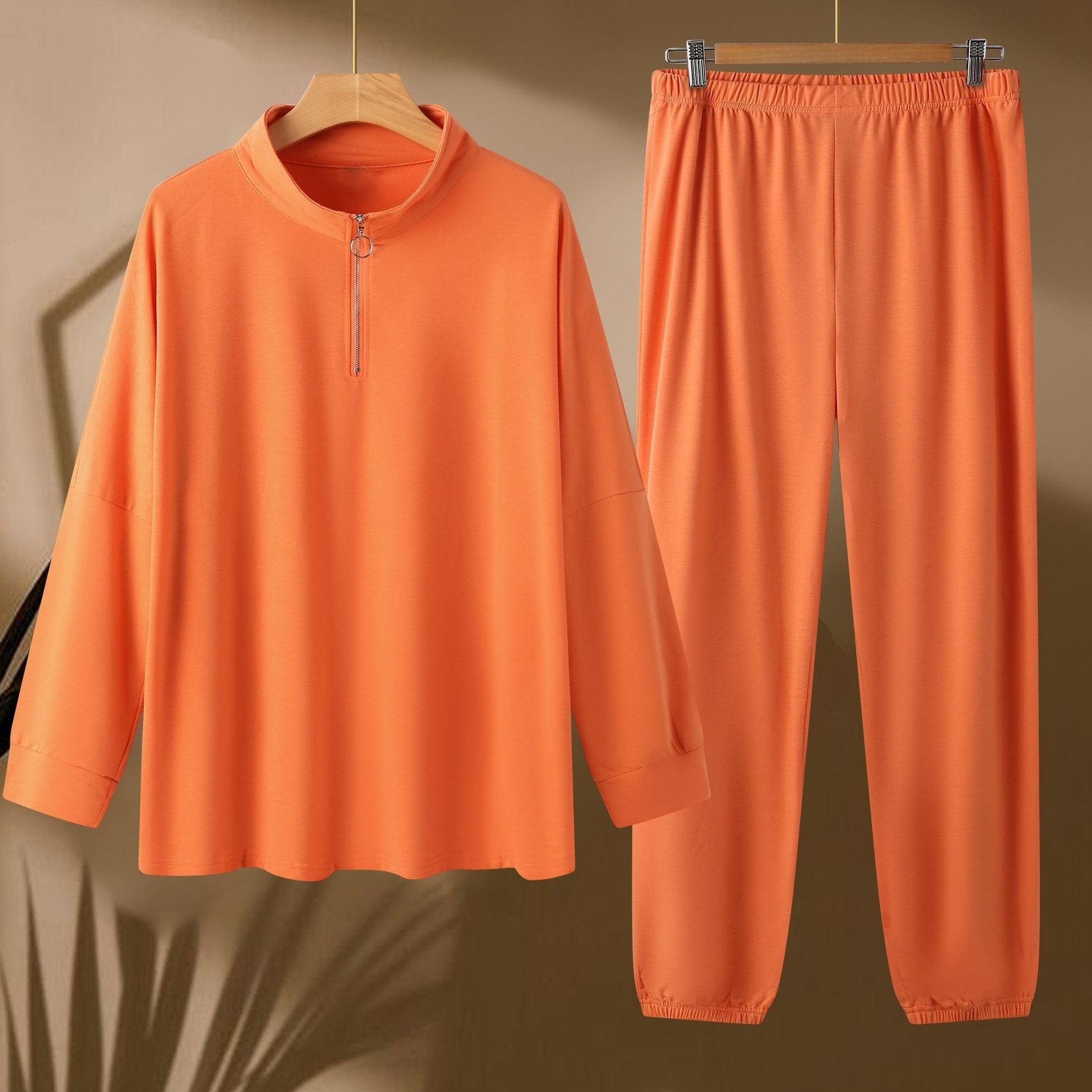 Solid Zipper Long Sleeve High Neck Top & Joggers Set