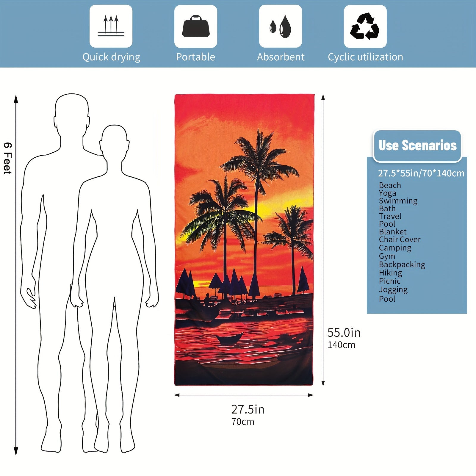 Mutao Microfiber Beach Towel Quick Drying Soft 69x139cm