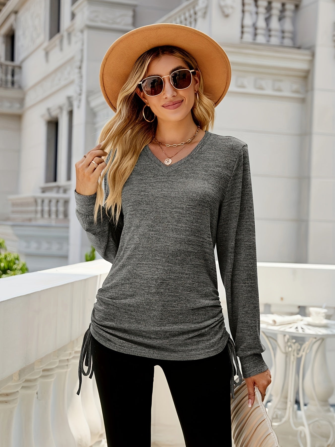 Casual Knit Top Women's Plus Solid Side Tie Ruched Long Sleeve
