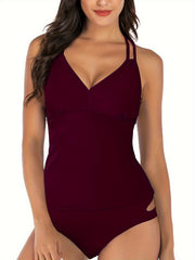 Vacay Tankini Set Solid V Neck Crisscross Back Slim Fit Cami Top & Pan