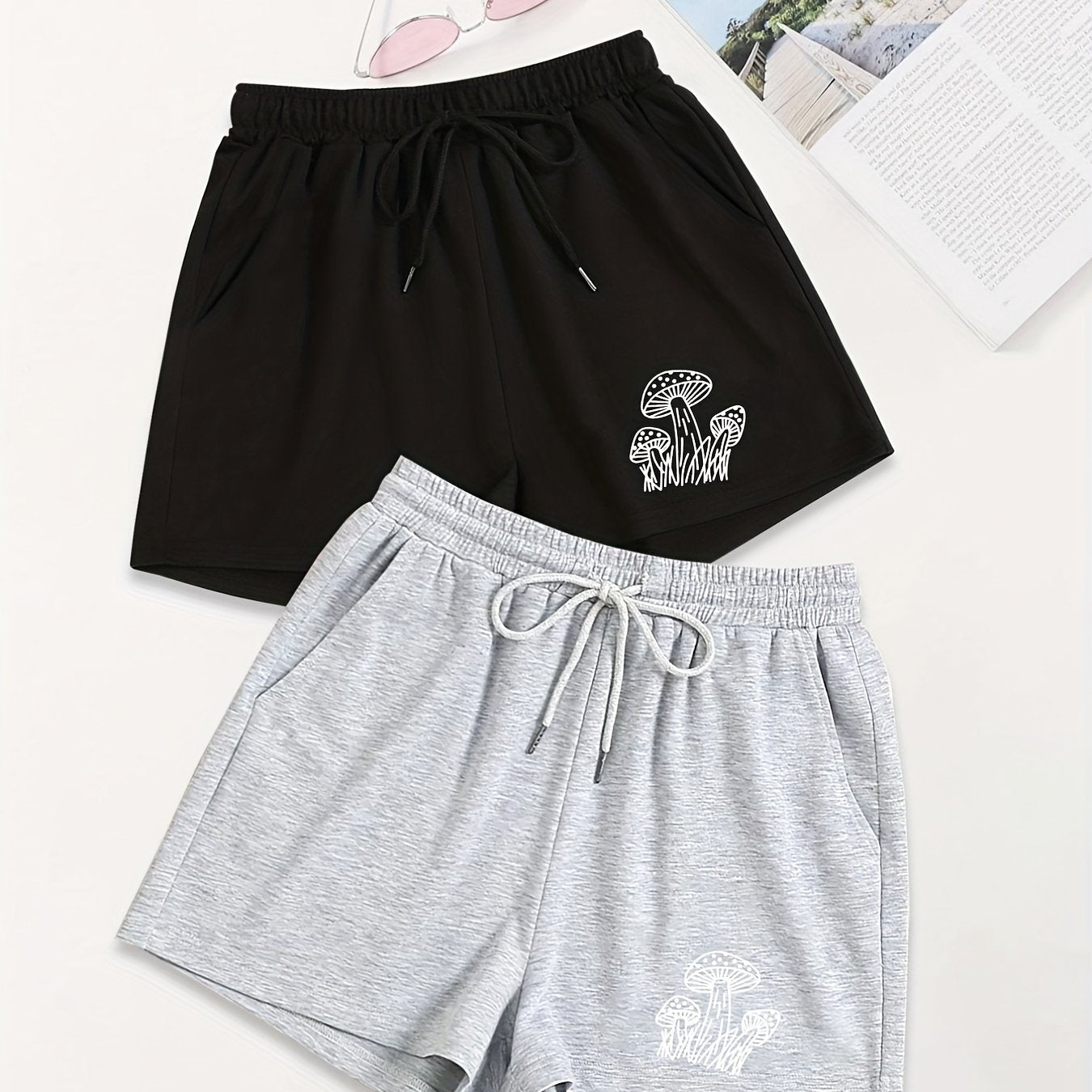 Drawstring Shorts 2 Pack Mushroom Print Loose Casual Women's Shorts