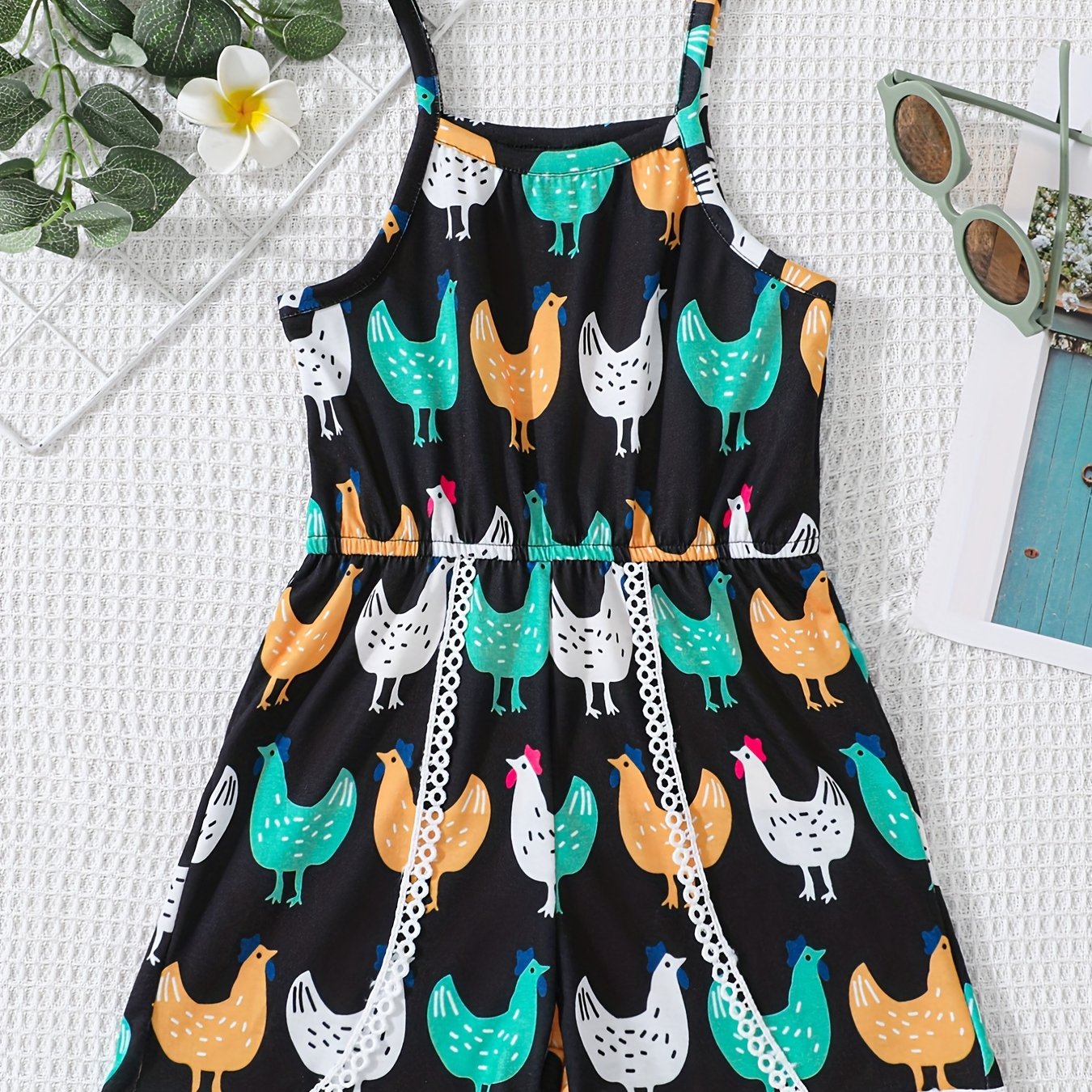 Girls' Chicken Farm Print Romper Jumpsuit