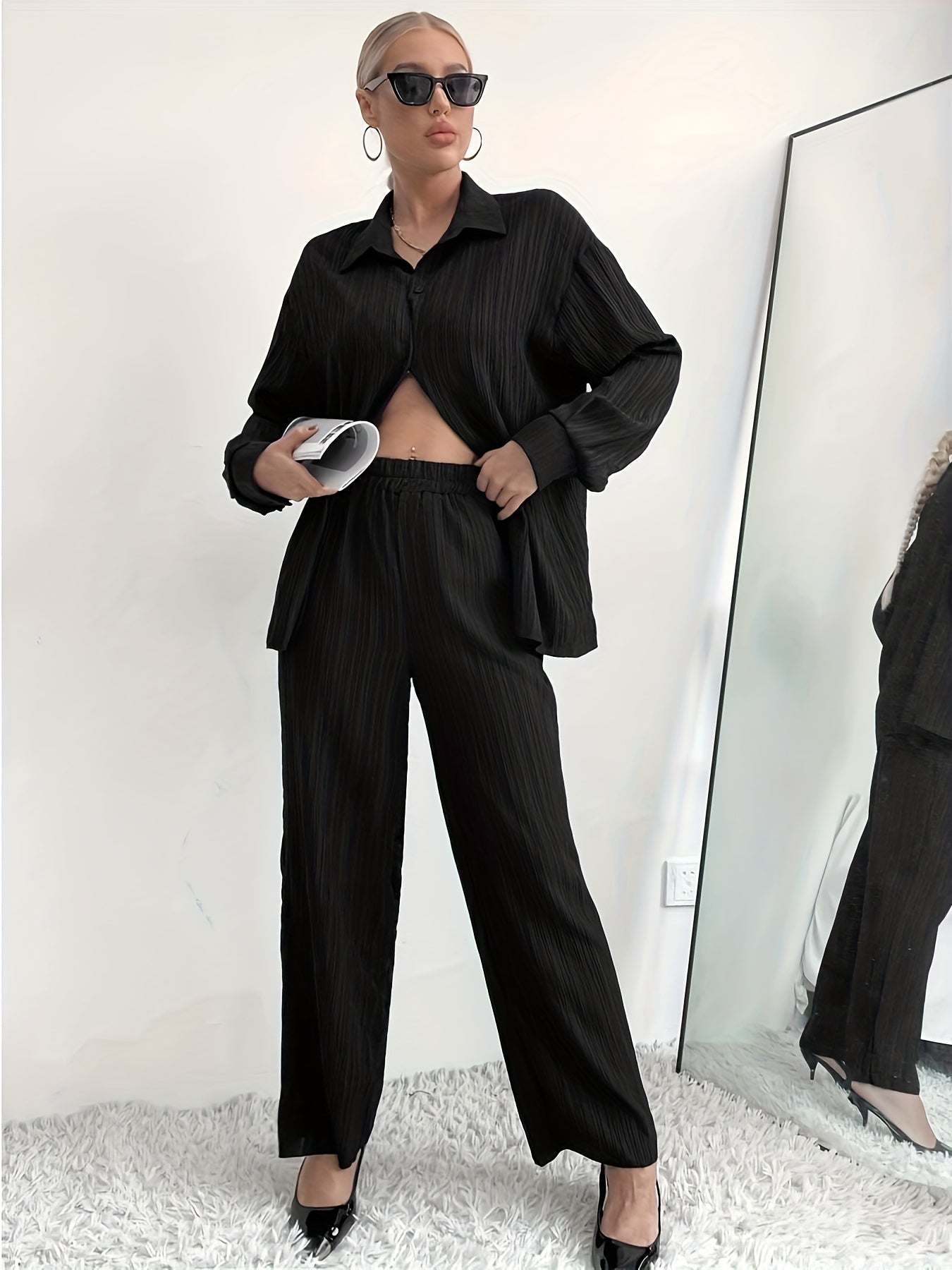 Button Front Shirt & Wide Leg Pants Set Women's Outfit