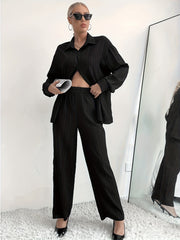 Button Front Shirt & Wide Leg Pants Set Women's Outfit