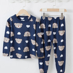 Heart Bear Print Baby Pajamas Set Top & Pants Crew Neck Long Sleeve Cotton