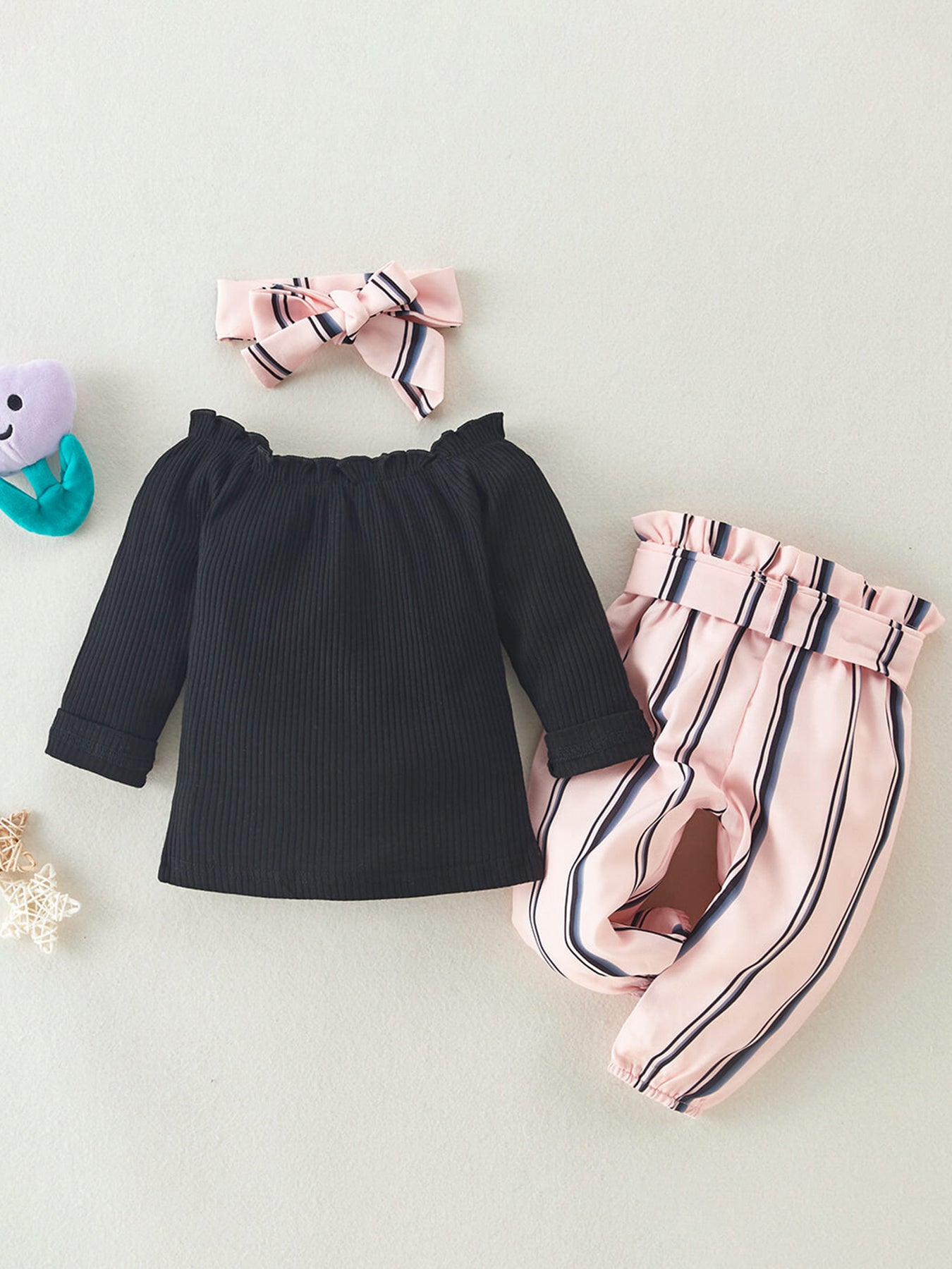 3pc Off-the-shoulder Top, Stripes Pants & Headband Set for Baby Girls