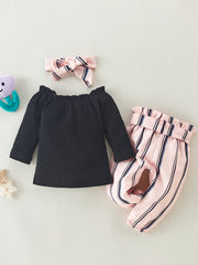 3pc Off-the-shoulder Top, Stripes Pants & Headband Set for Baby Girls