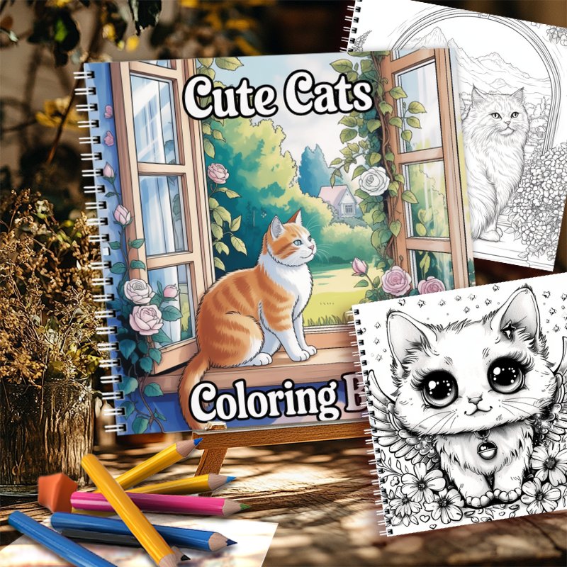 Spiral Coil Cat Coloring Book 22 Pages Thick Paper Adult Anxiety Relief Activity
