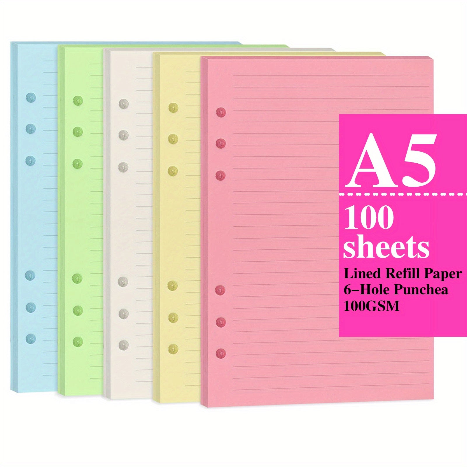 100 Sheets A5 Colorful Refill Paper 6 Hole Filler Inserts