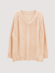 V Neck Long Sleeve Sweater Solid Jacquard Medium Stretch