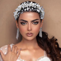 Bridal Headband with Rhinestones & Shell Flowers
