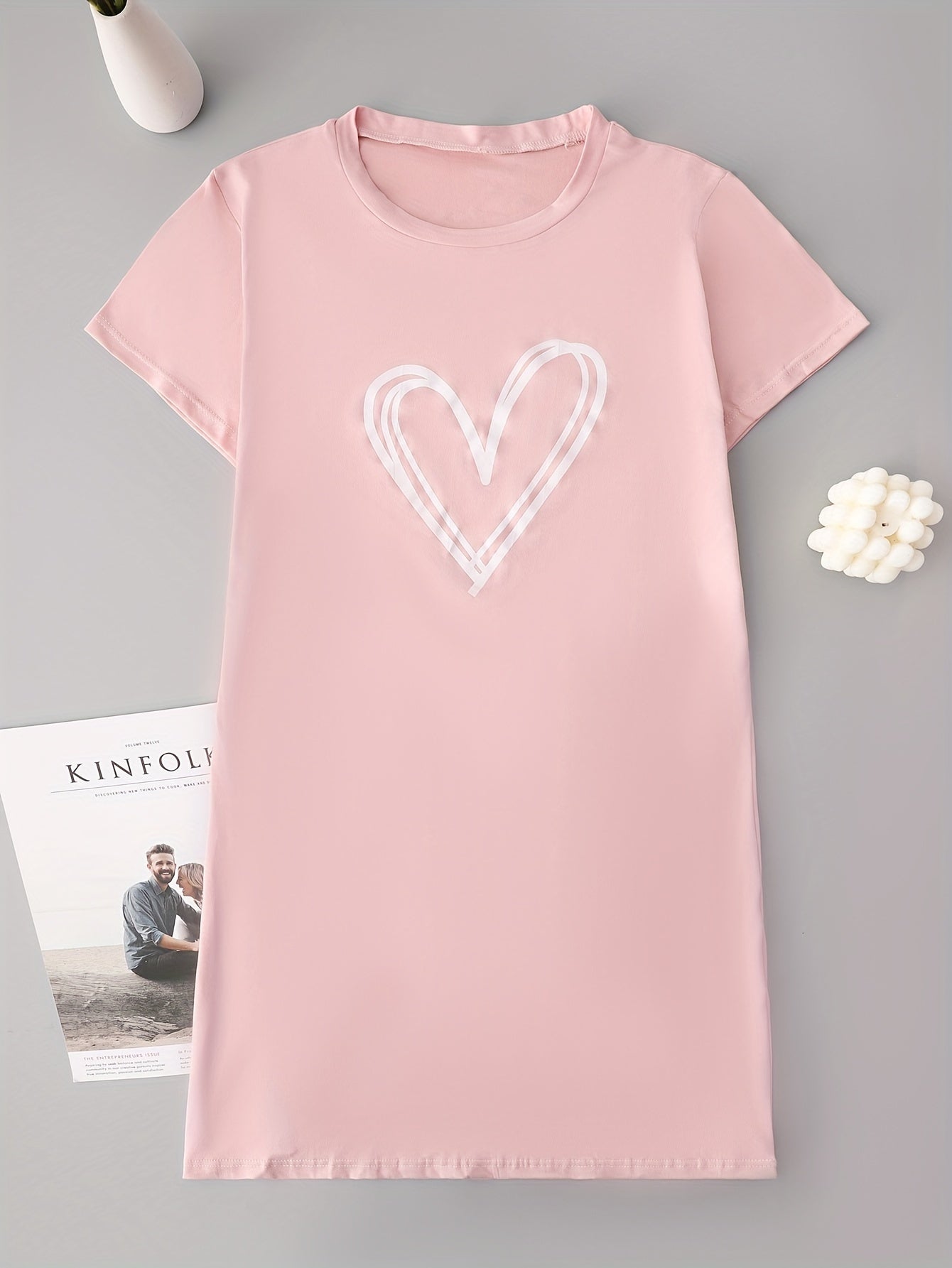 Heart Print NightDress Short Sleeve Pajama Dress Women's Sleepwear
