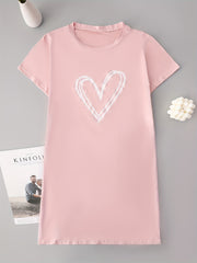 Heart Print NightDress Short Sleeve Pajama Dress Women's Sleepwear