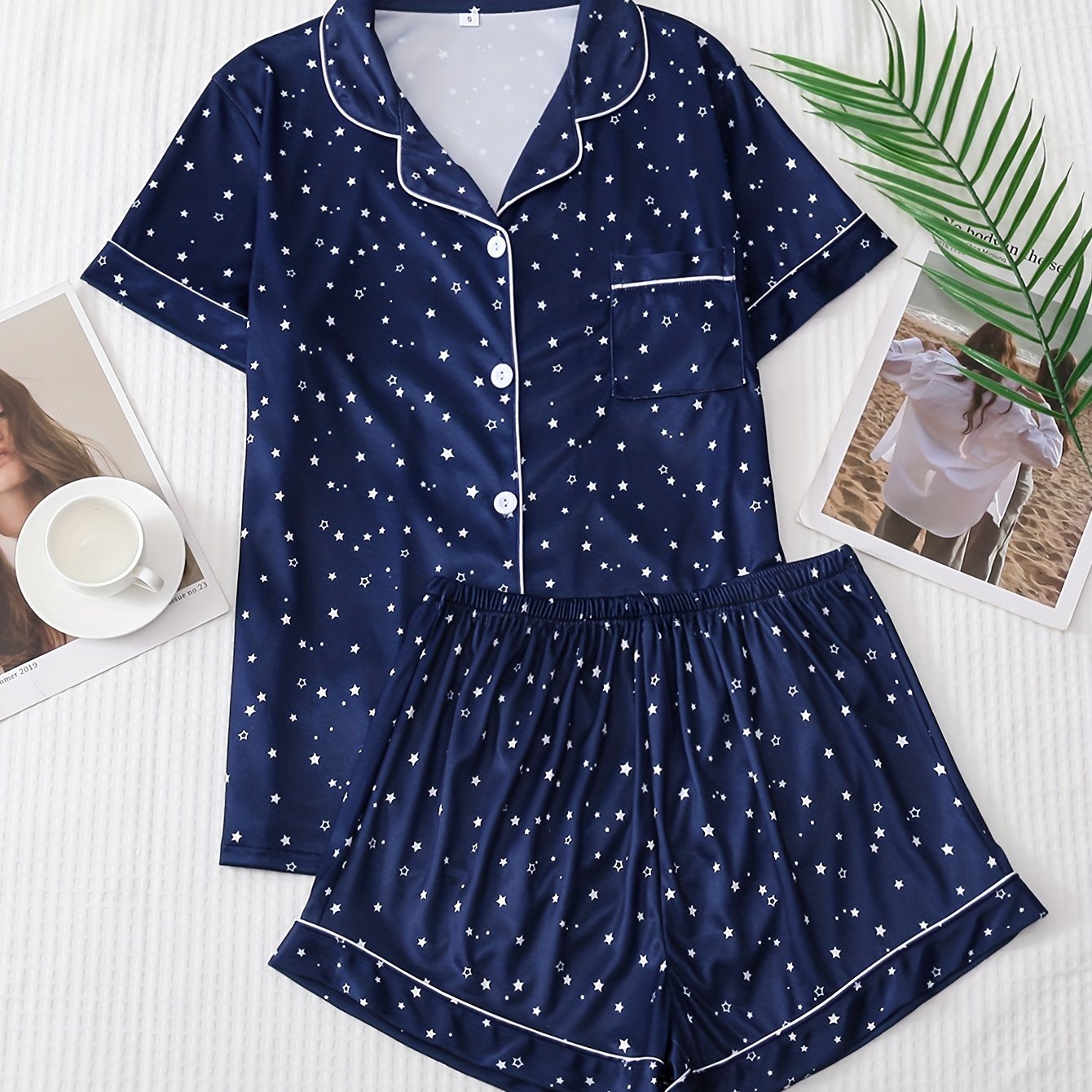 Star Print Pajama Set Short Sleeve Lapel Top & Elastic Waistband Shorts