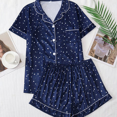 Star Print Pajama Set Short Sleeve Lapel Top & Elastic Waistband Shorts