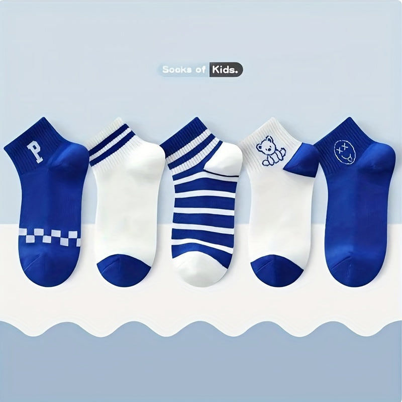 5Pairs Boys Cartoon Bear Smile Face Crew Socks for Spring Autumn Summer