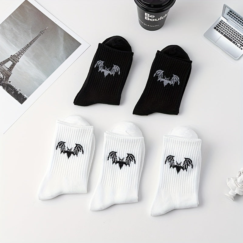 5 Pairs Bat Print Socks Halloween Crew Socks Women's Stockings & Hosiery