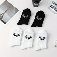 5 Pairs Bat Print Socks Halloween Crew Socks Women's Stockings & Hosiery