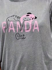 Plus Size Panda Cat Print Tee & Pants Pajama Set