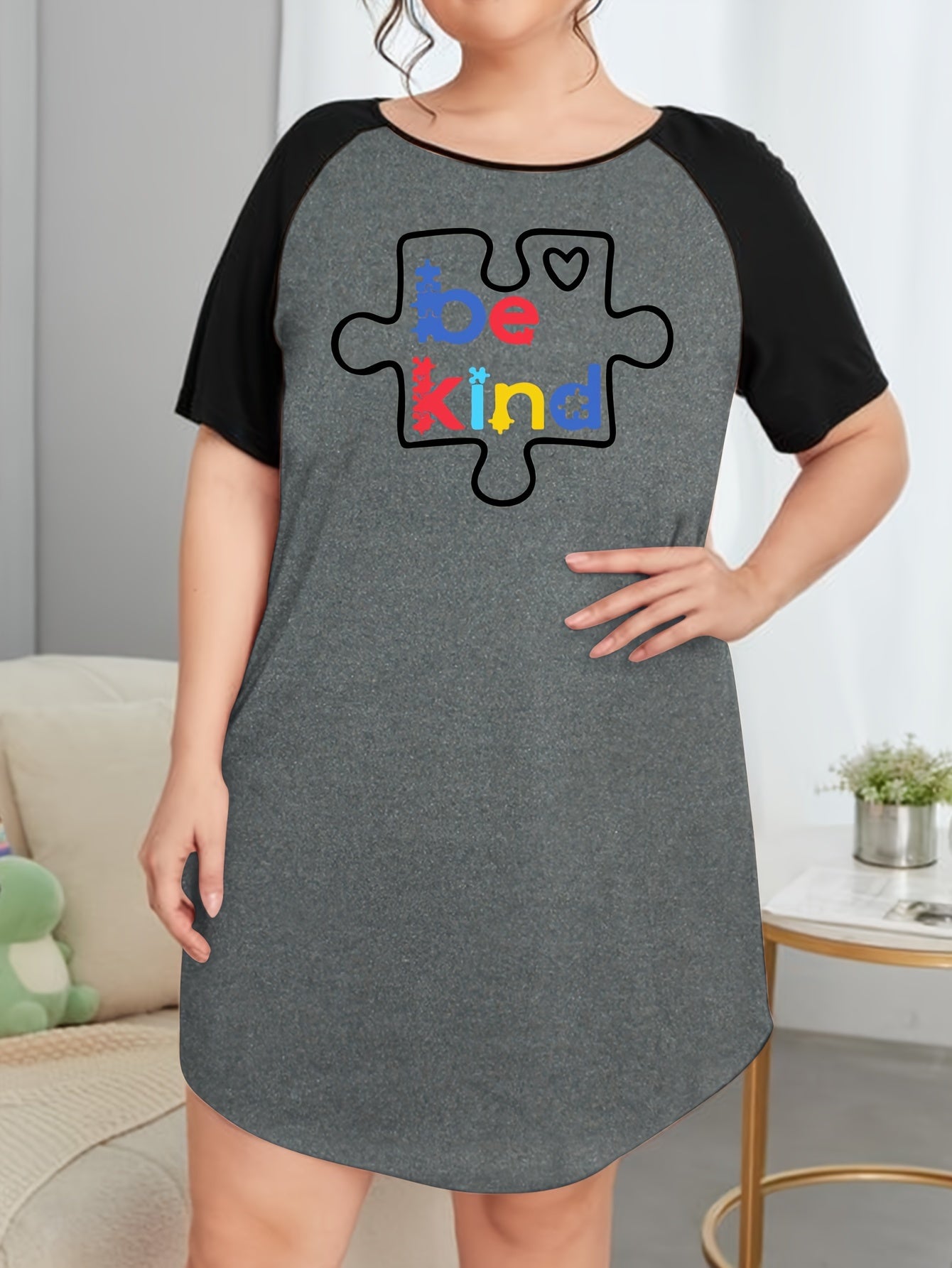 Casual Nightdress Women's Plus Puzzle & Slogan Print