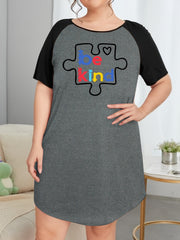 Casual Nightdress Women's Plus Puzzle & Slogan Print