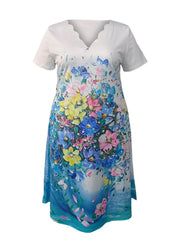 Boho Dress Women's Plus Floral Print Short Sleeve V Neck Scallop