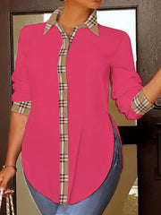 Colorblock Plaid Print Long Sleeve Button Up Lapel Collar Shirt