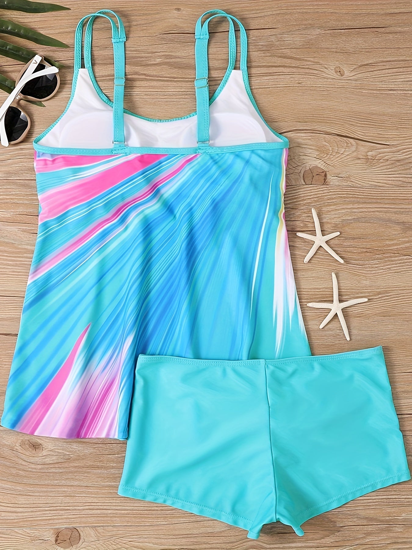 Vacay Tankini Set Women's Plus Stripe Print Round Neck Cami Top & Shor