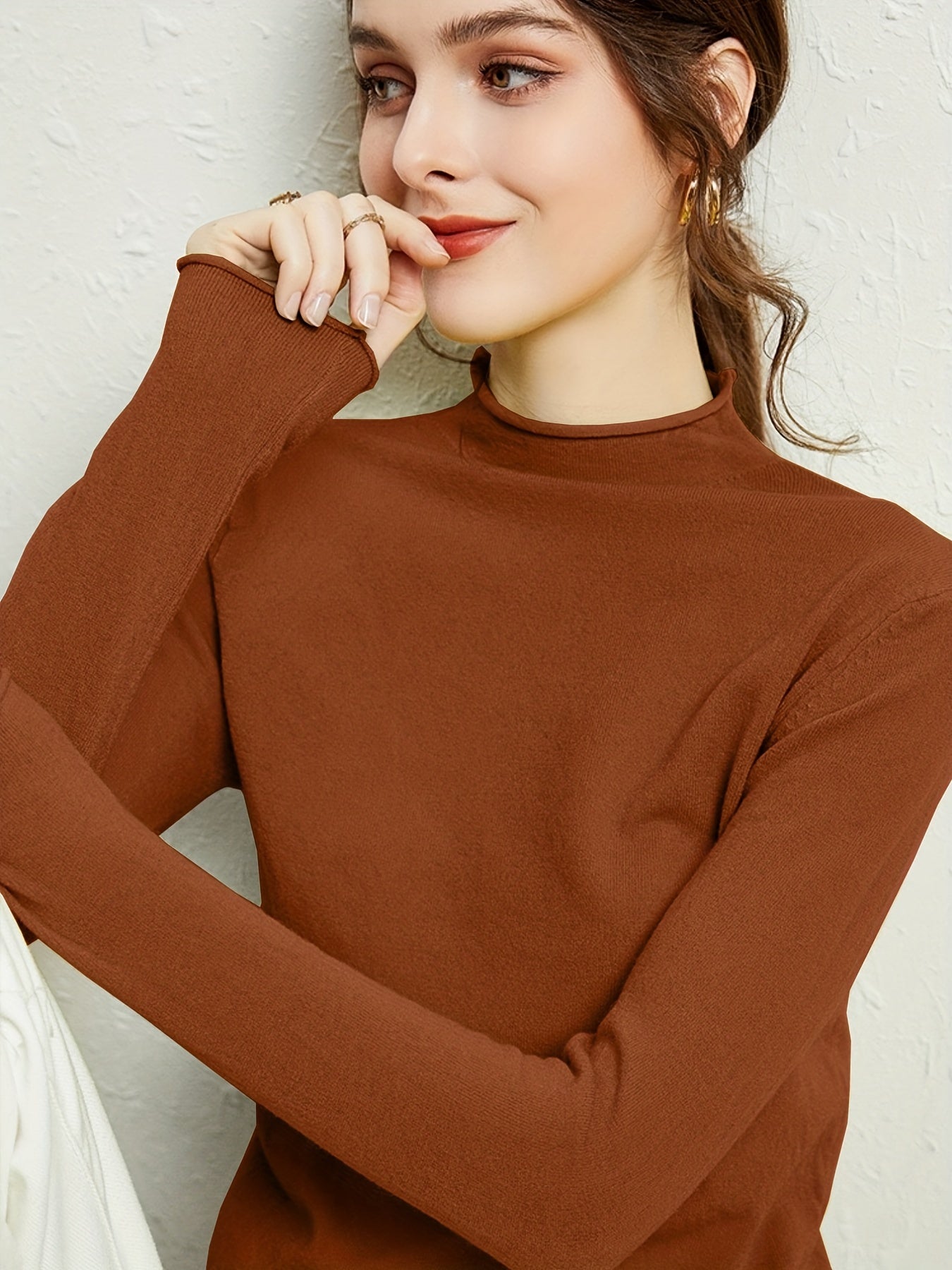 Solid Mock Neck Knitted Pullover Sweater for Women