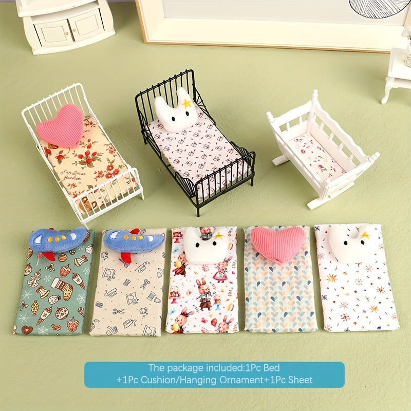 1:12 Dollhouse Mini Iron Bed Cradle with Cushion Mattress Bedroom Decor