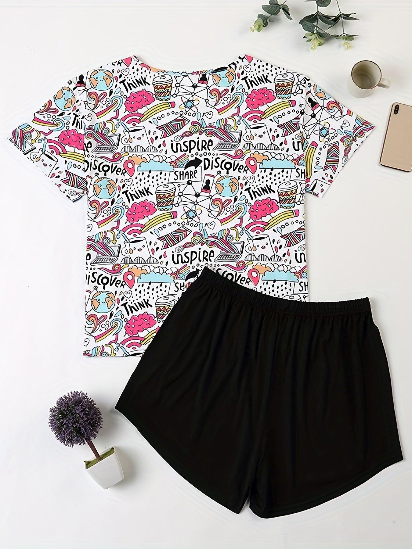 Cartoon Graphic Short Sleeve Top & Shorts Pajamas Set