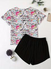 Cartoon Graphic Short Sleeve Top & Shorts Pajamas Set