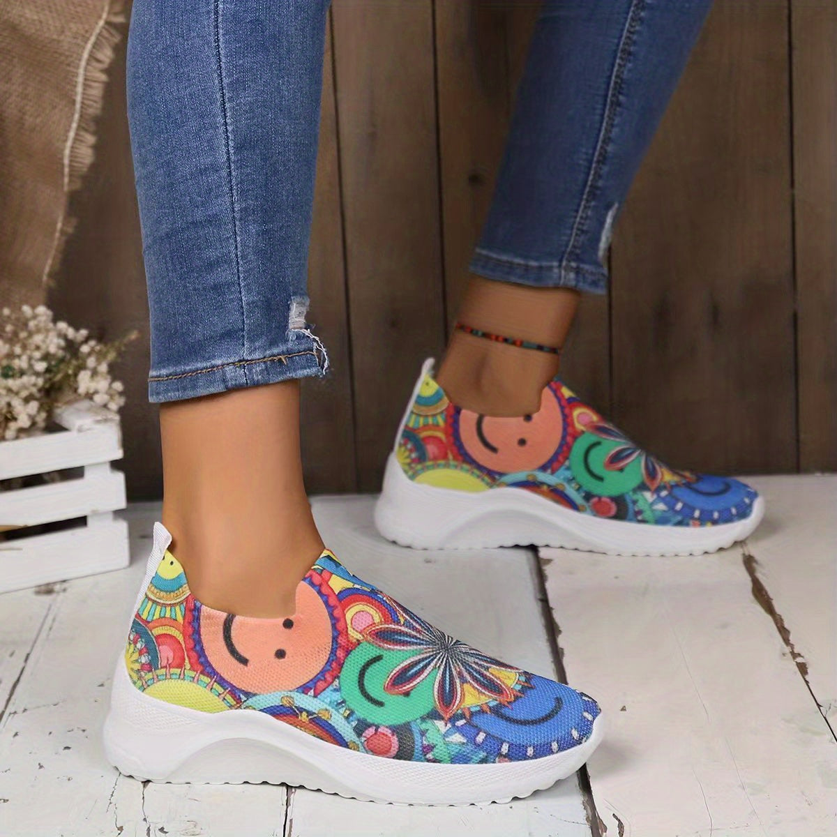 Women's Smile Print Sock Shoes Colorful Slip On Low Top Casual Shoes