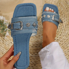 Women's Denim Flat Slide Sandals Square Open Toe Slip On Shoes