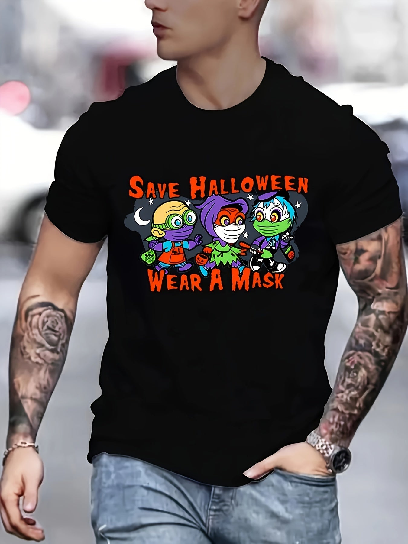 Men's Halloween Print Tee for Summer Outdoor
