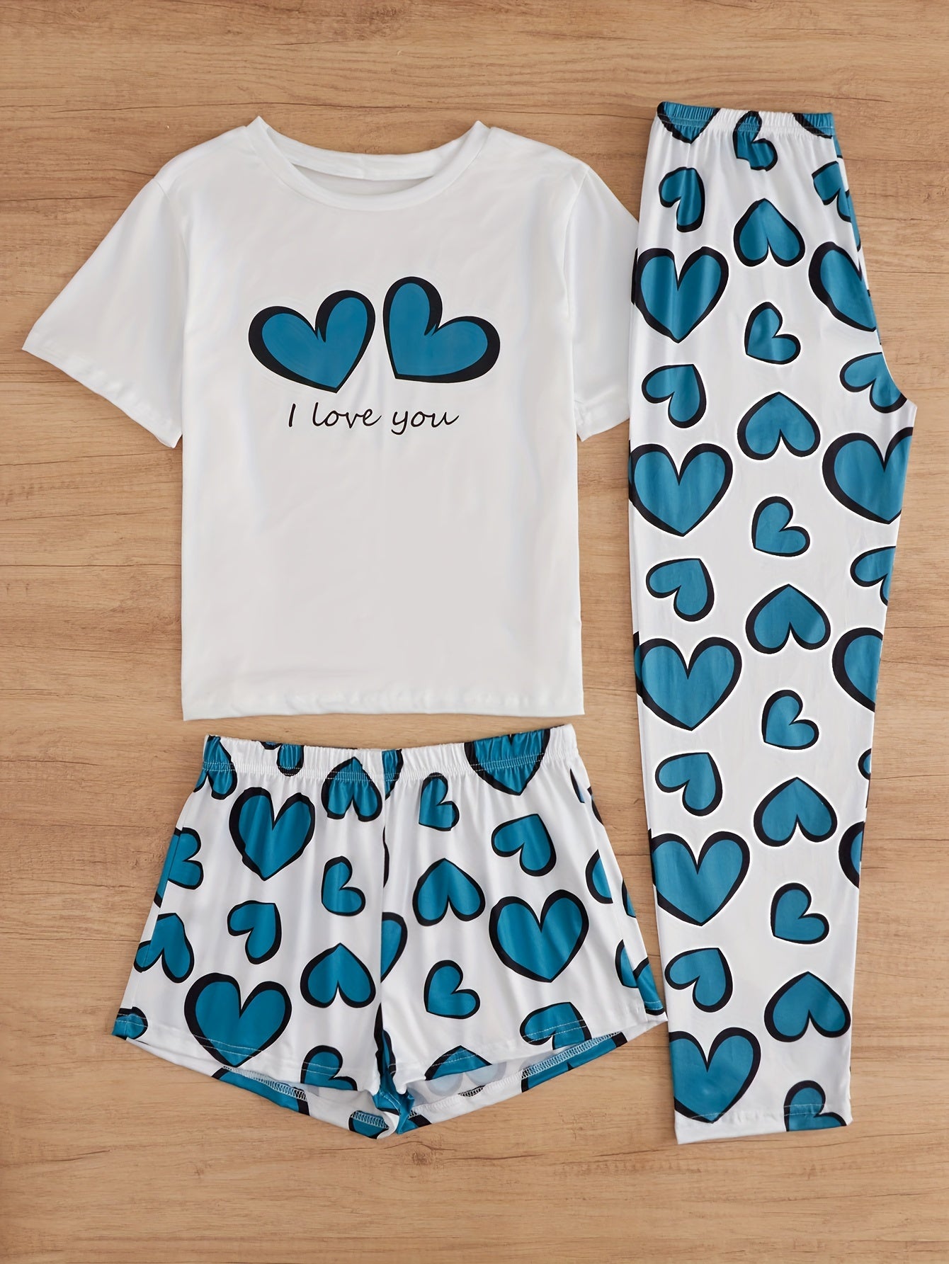 Heart Print Pajamas Set Short Sleeve Top & Shorts & Pants
