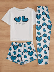 Heart Print Pajamas Set Short Sleeve Top & Shorts & Pants