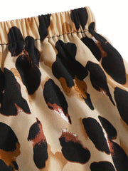 Leopard Print Two piece Set Ruffle Trim Tie Back Tops & Elastic Waist Sho