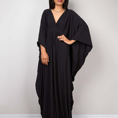 Solid Batwing Sleeve V Neck Beach Kaftan Cover Up