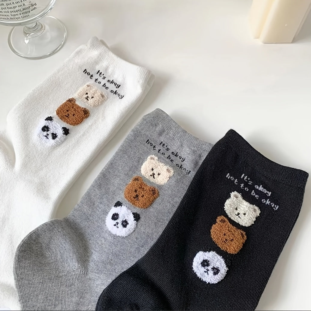 3 Pairs Cartoon Bear Print Socks All-match Sports Socks Women's Stockings