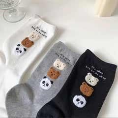 3 Pairs Cartoon Bear Print Socks All-match Sports Socks Women's Stockings