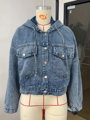 Hooded Cropped Denim Coats Long Sleeves Denim Jackets Women